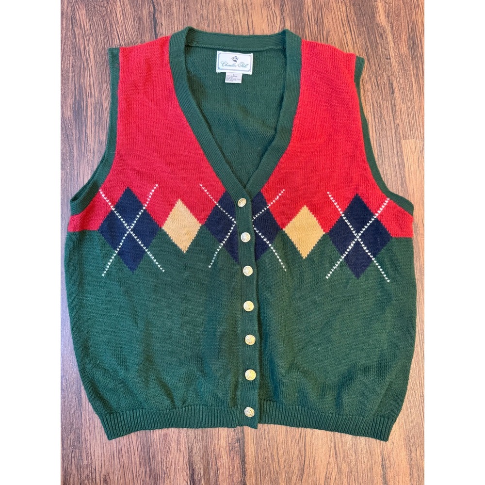 Preppy Women's Sz L Green Argyle Button Front V-Neck Sweater Vest Vintage